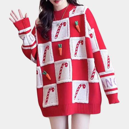 Ceri - Damski świąteczny sweter oversize z motywem lasek cukrowych