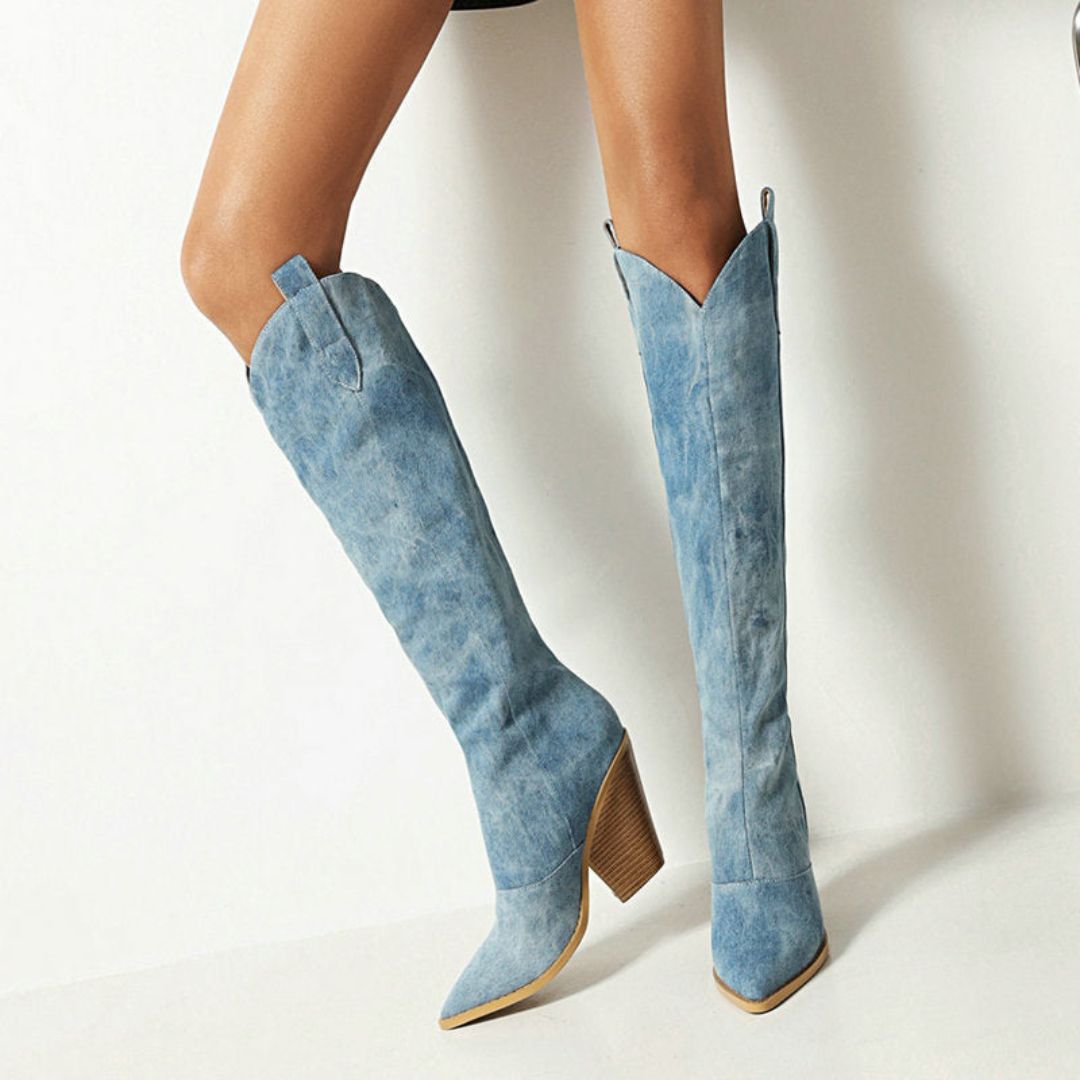 Donna | Kowbojki damskie z denimu styl western na obcasie casual