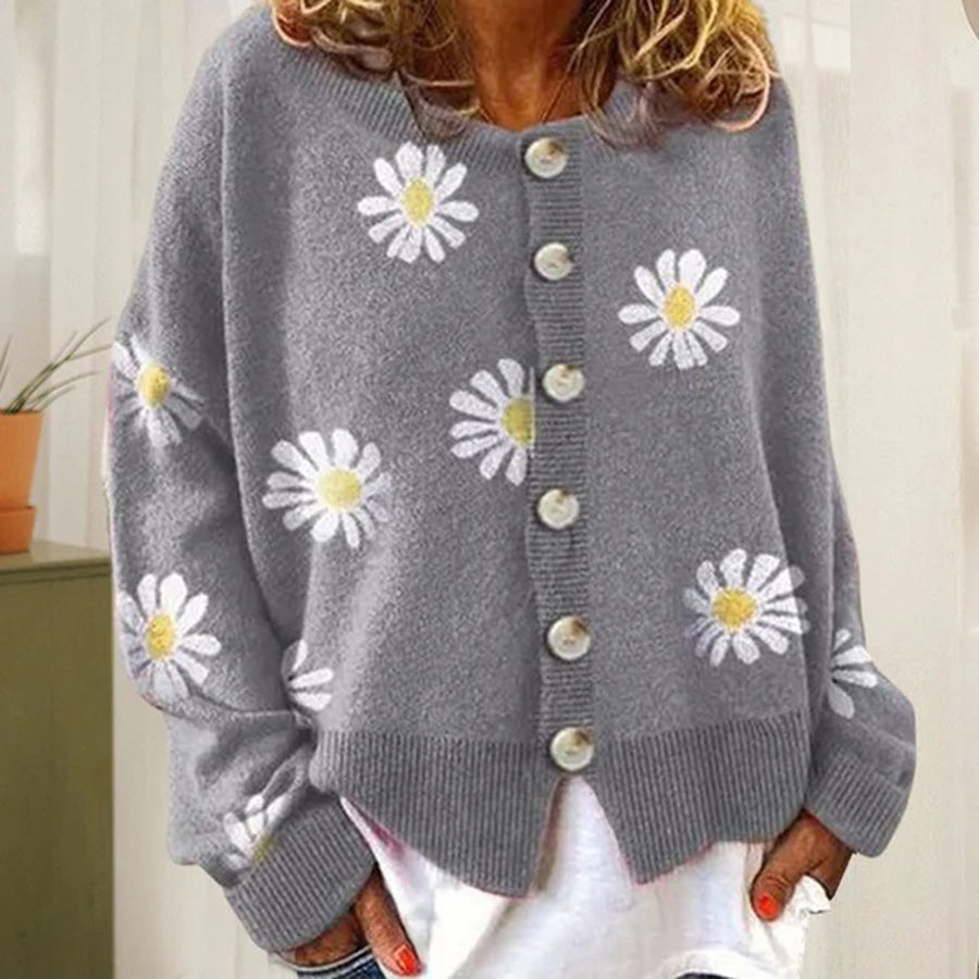 Gemma | Kardigan damski oversize z motywem kwiatowym, modny dzianinowy
