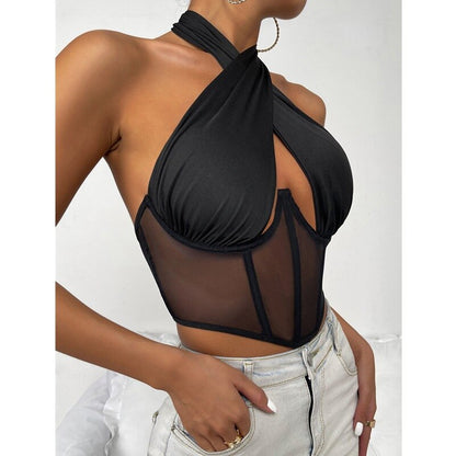 Lorraine | Damski top halter z krzyżującymi się ramiączkami i wstawką z tiulu, modny i kobiecy fason