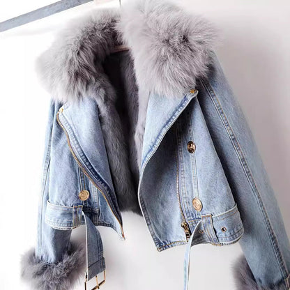 Sadie | Krótka kurtka damska jeansowa z futerkiem, zimowa stylowa