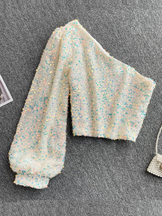 Ilona | Top damski | Cekinowy, asymetryczny na jedno ramię, idealny na imprezę