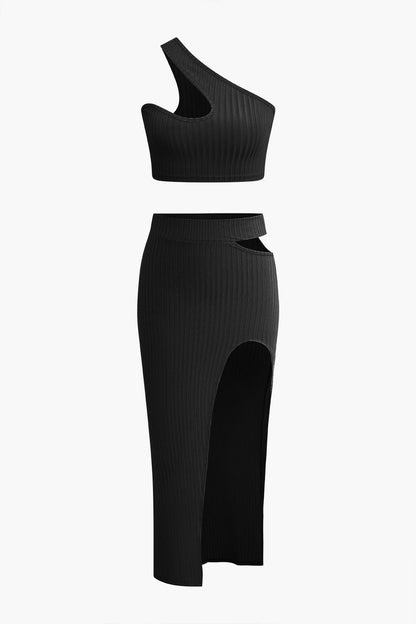 Jodi | Damski komplet z jednym ramiączkiem, spódnicą z rozcięciem i wycięciami – suknia wieczorowa