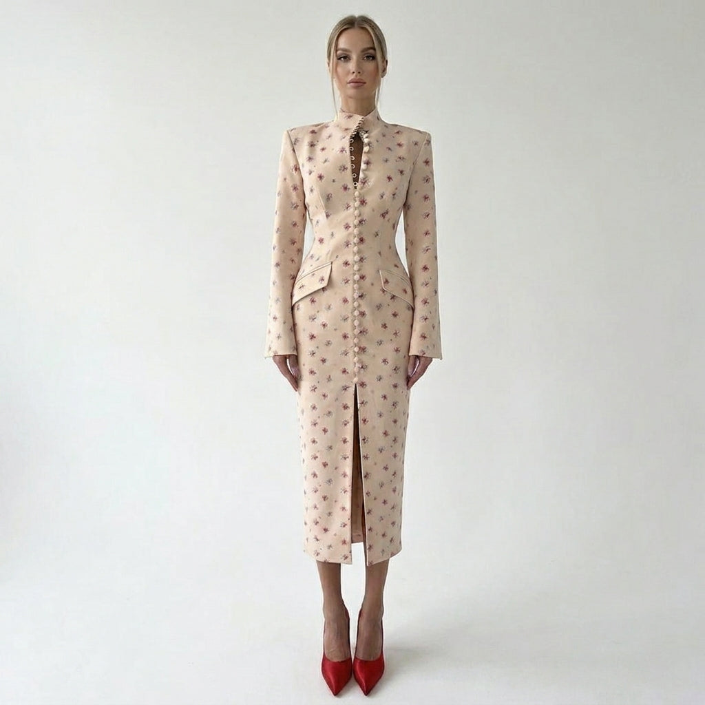 Kaja | Sukienka damska midi | Kwiatowa ze stójką, elegancka na wesele