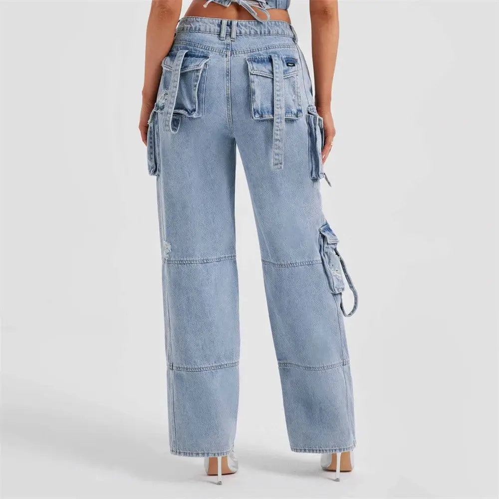 Hannah | Jeansy damskie cargo z szeroką nogawką i wysokim stanem, streetwear
