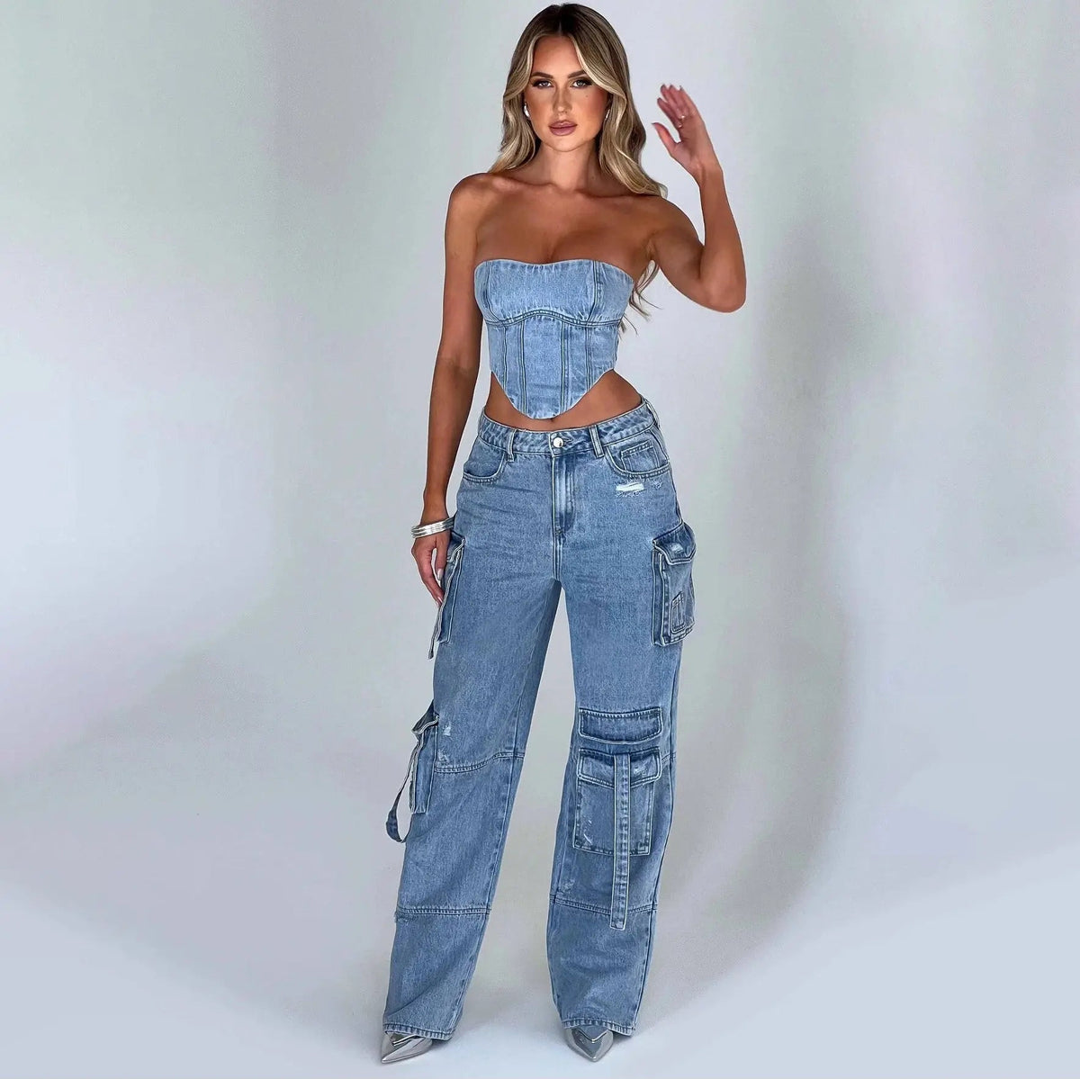 Hannah | Jeansy damskie cargo z szeroką nogawką i wysokim stanem, streetwear