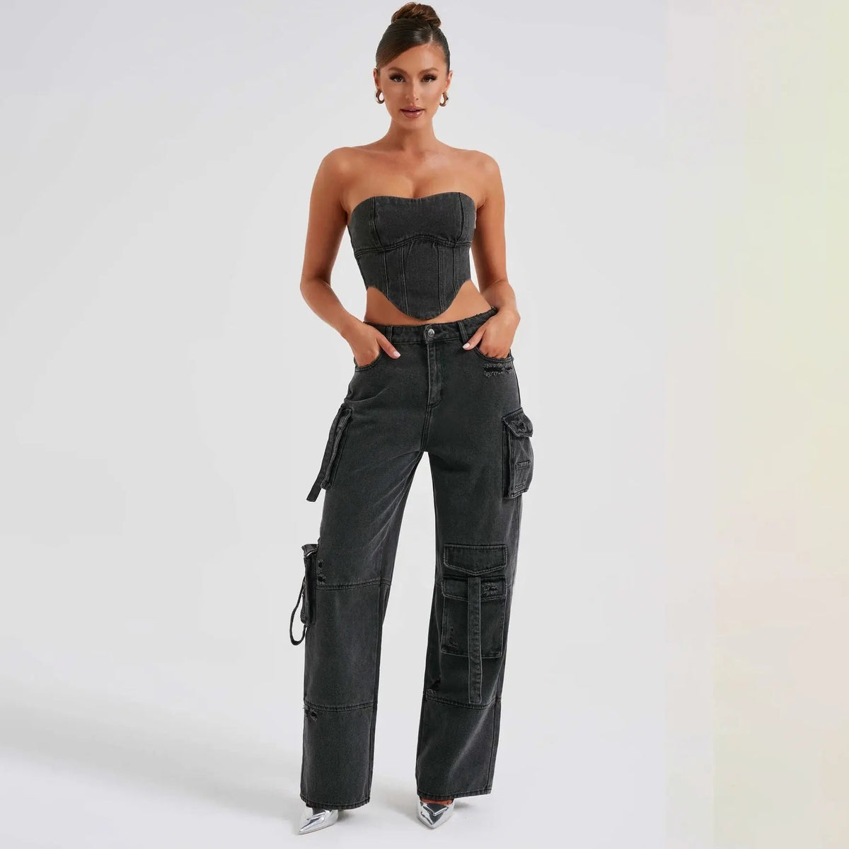 Hannah | Jeansy damskie cargo z szeroką nogawką i wysokim stanem, streetwear