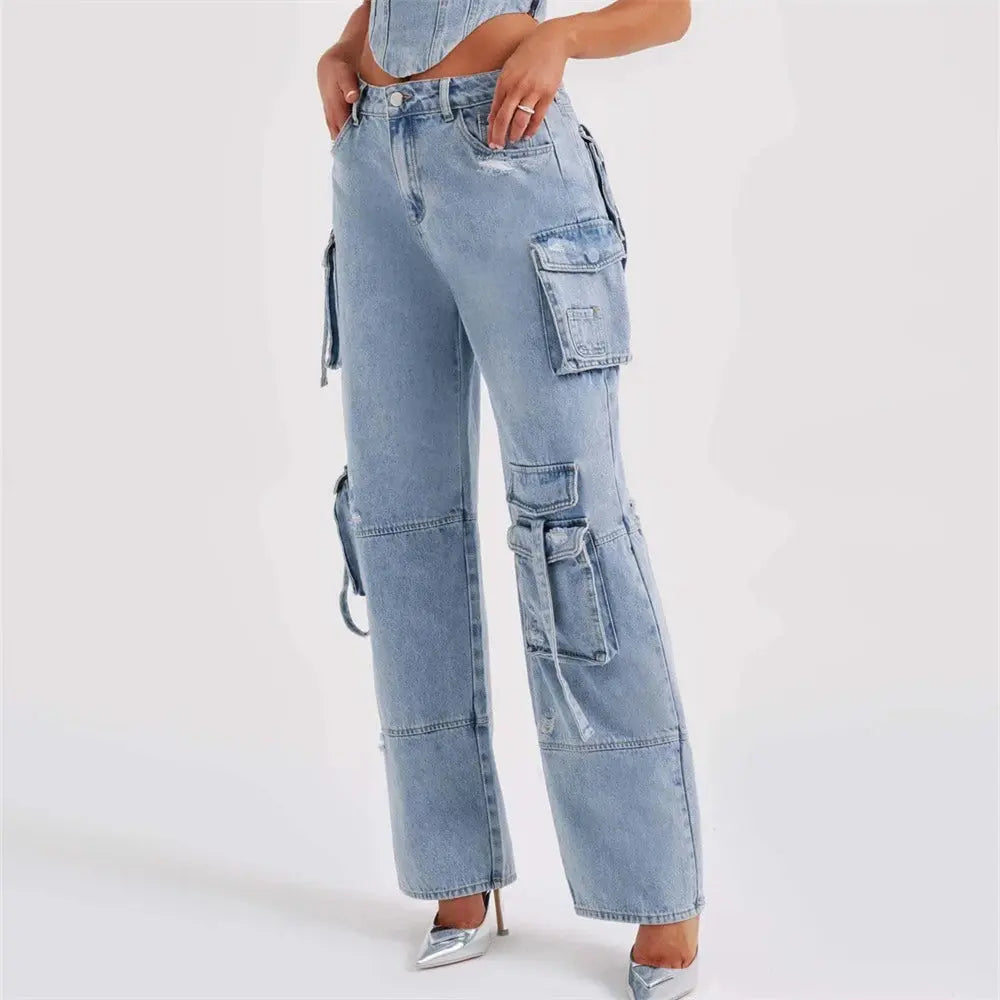 Hannah | Jeansy damskie cargo z szeroką nogawką i wysokim stanem, streetwear