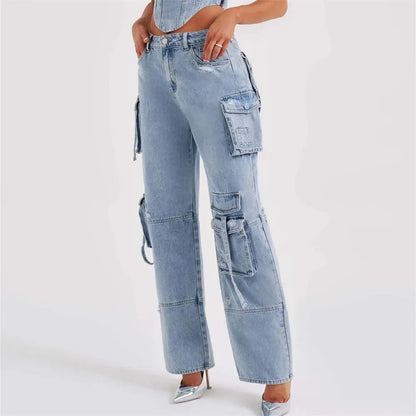 Hannah | Jeansy damskie cargo z szeroką nogawką i wysokim stanem, streetwear