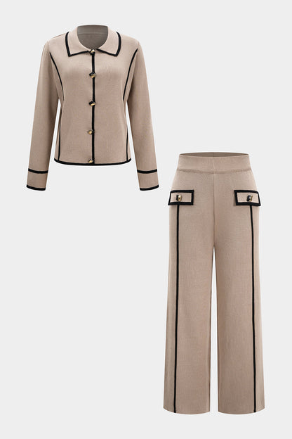 Sandy | Komplet damski elegancki z kontrastowymi lamówkami, stylowy nowoczesny