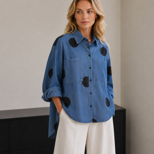 Laura | Koszula jeansowa damska | Oversize, z nadrukiem i długim rękawem, swobodny fason