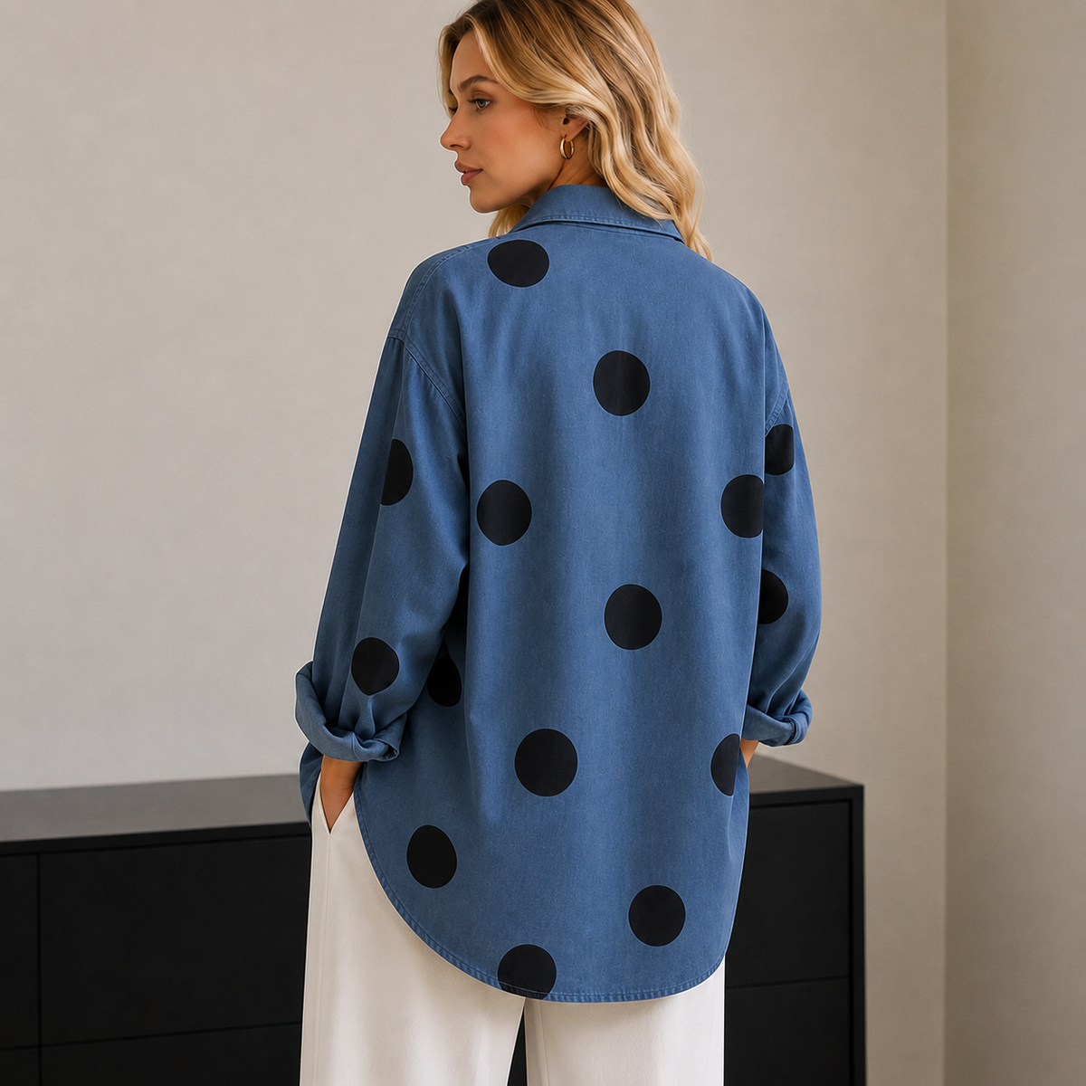 Laura | Koszula jeansowa damska | Oversize, z nadrukiem i długim rękawem, swobodny fason