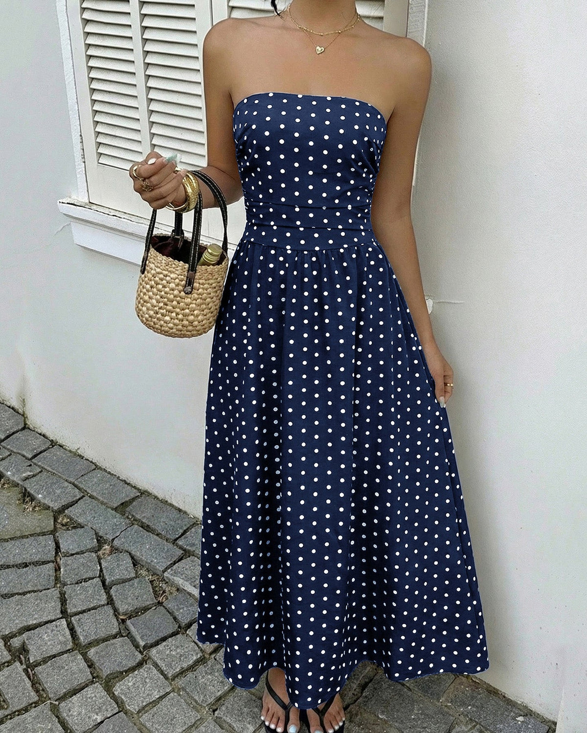 Marigold | Elegancka sukienka damska bez ramiączek w grochy dopasowana midi