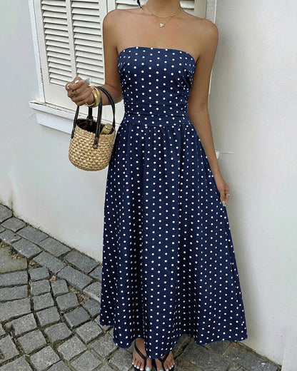 Marigold | Elegancka sukienka damska bez ramiączek w grochy dopasowana midi