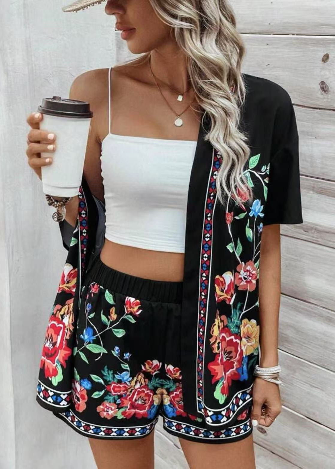 Mindy | Damski dwuczęściowy komplet z kimono kardiganem w kwiaty