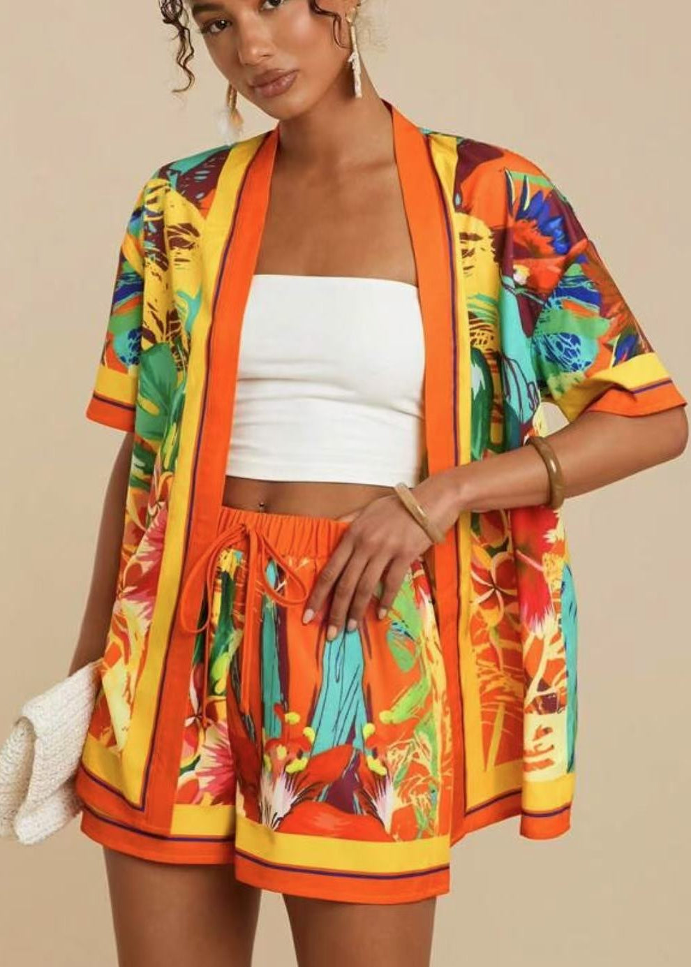 Mindy | Damski dwuczęściowy komplet z kimono kardiganem w kwiaty