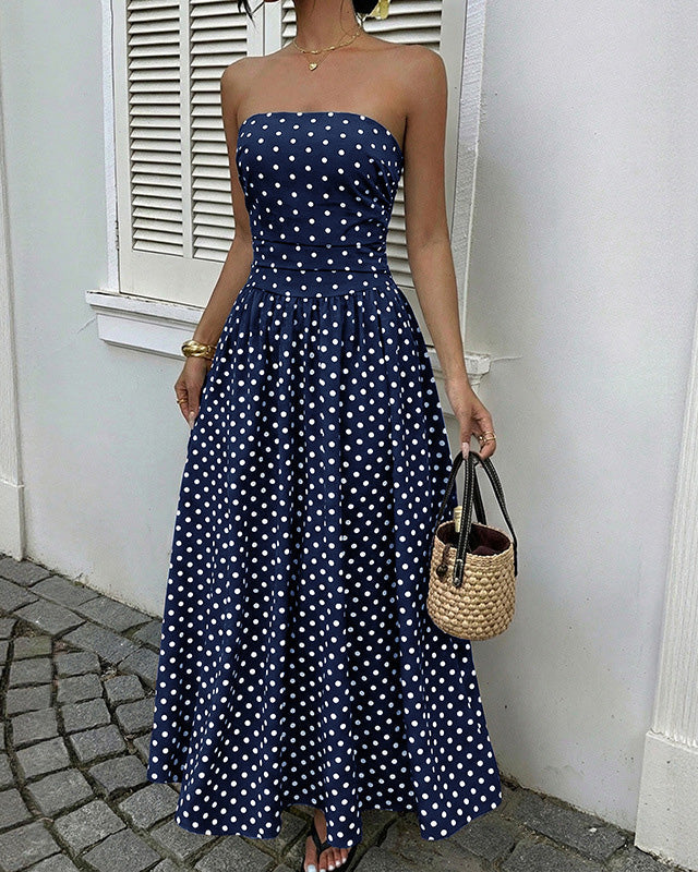 Marigold | Elegancka sukienka damska bez ramiączek w grochy dopasowana midi