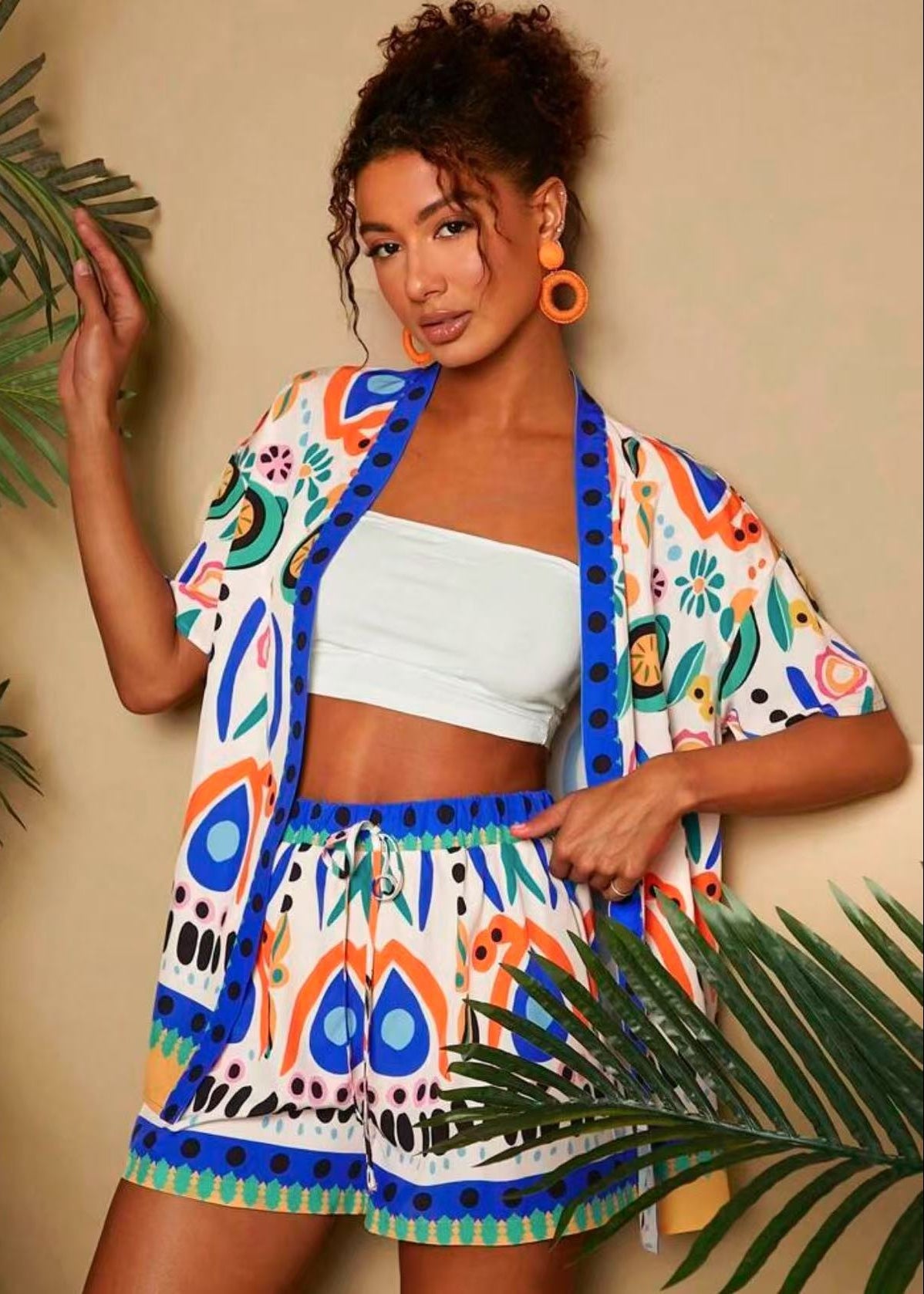 Mindy | Damski dwuczęściowy komplet z kimono kardiganem w kwiaty