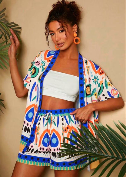 Mindy | Damski dwuczęściowy komplet z kimono kardiganem w kwiaty