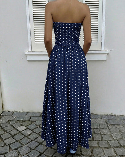 Marigold | Elegancka sukienka damska bez ramiączek w grochy dopasowana midi