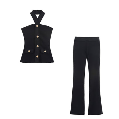 Cody | Czarny komplet damski co-ord z halter neck, elegancki i nowoczesny