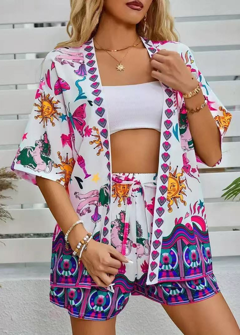 Mindy | Damski dwuczęściowy komplet z kimono kardiganem w kwiaty