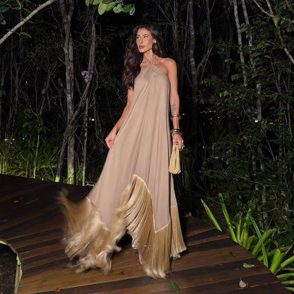 Jamie | sukienka maxi damska z eleganckim frędzlowym dołem