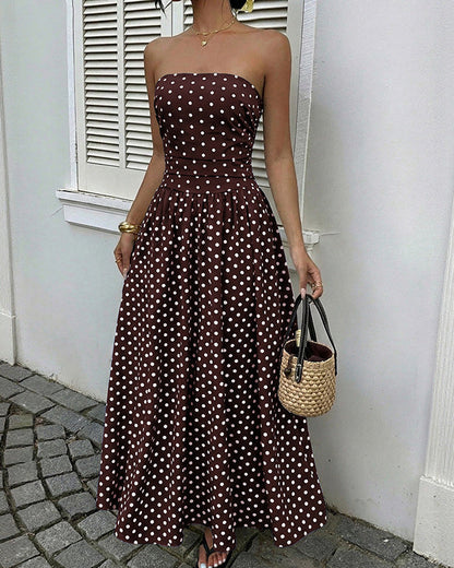 Marigold | Elegancka sukienka damska bez ramiączek w grochy dopasowana midi