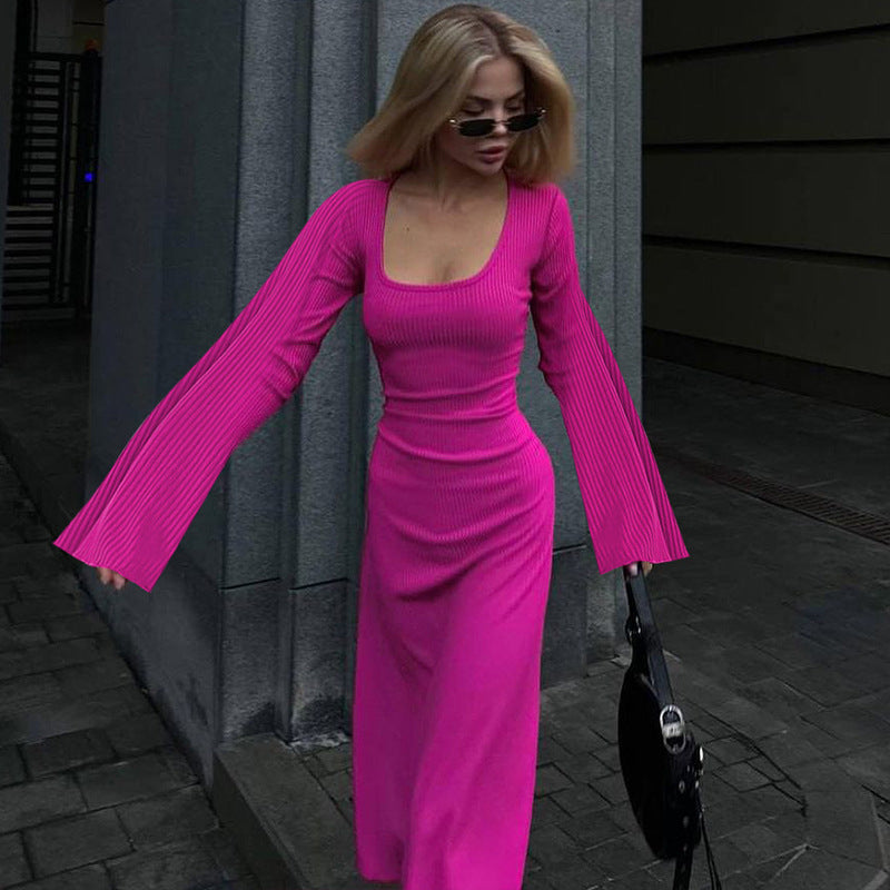 Aurora | Elegancka czarna sukienka damska maxi z długim rękawem i rozcięciem