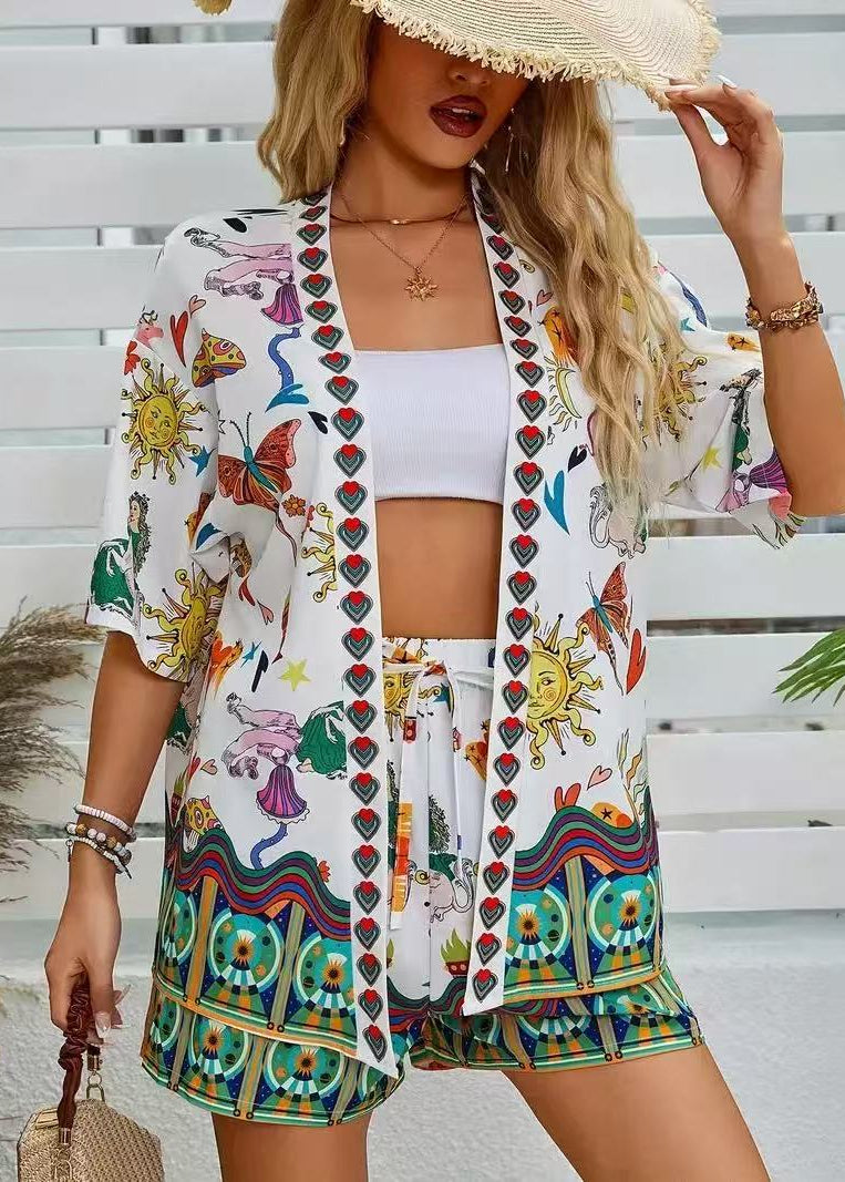 Mindy | Damski dwuczęściowy komplet z kimono kardiganem w kwiaty