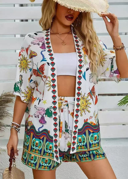 Mindy | Damski dwuczęściowy komplet z kimono kardiganem w kwiaty
