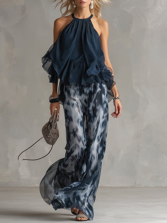 Oliwia | Komplet damski | Top halter z drapowaniem i spodnie wide leg z nadrukiem na lato