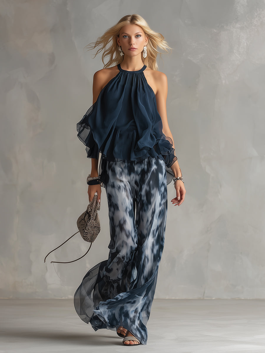 Oliwia | Komplet damski | Top halter z drapowaniem i spodnie wide leg z nadrukiem na lato