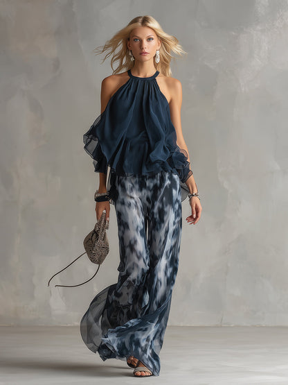 Oliwia | Komplet damski | Top halter z drapowaniem i spodnie wide leg z nadrukiem na lato