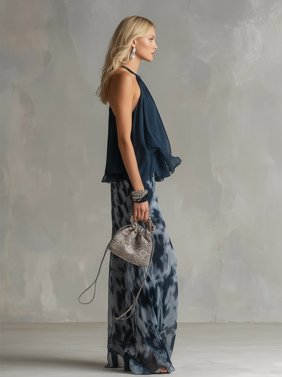 Oliwia | Komplet damski | Top halter z drapowaniem i spodnie wide leg z nadrukiem na lato