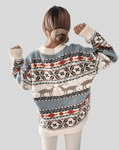 Kalina – Oversized ciepły świąteczny sweter damski z motywem renifera
