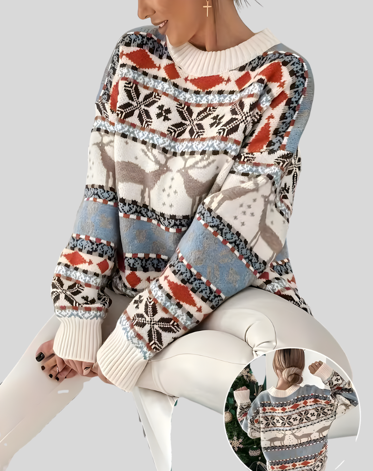 Kalina – Oversized ciepły świąteczny sweter damski z motywem renifera