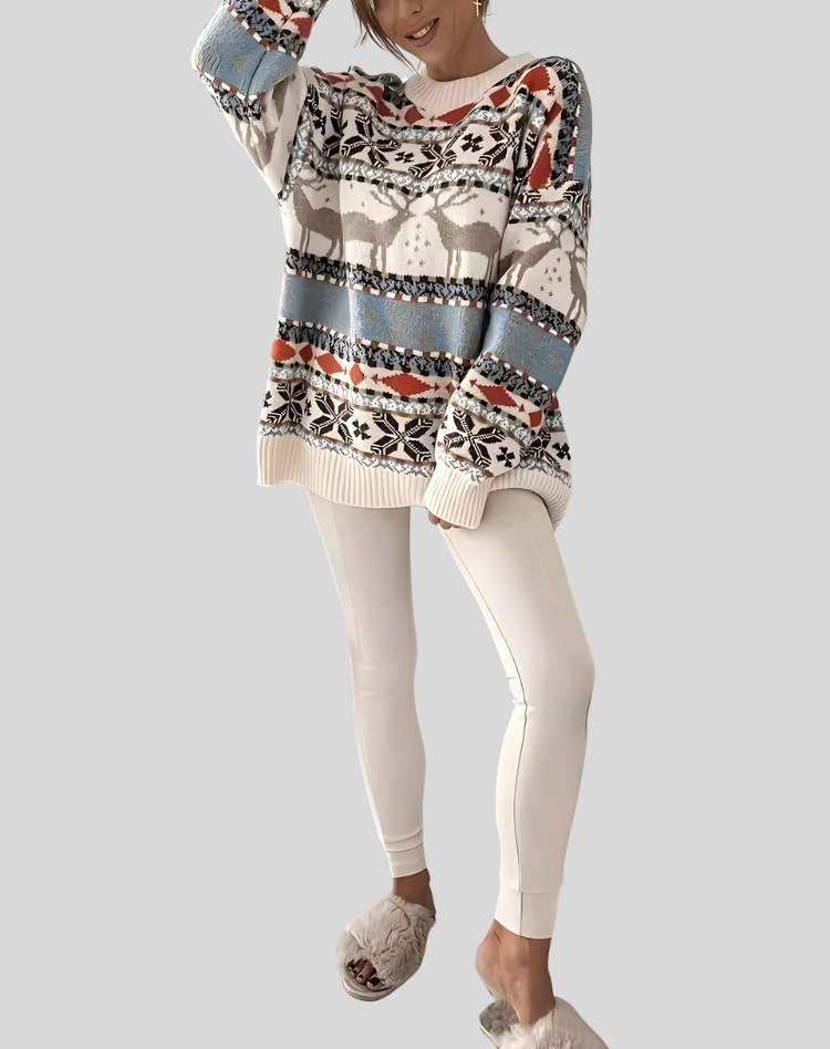 Kalina – Oversized ciepły świąteczny sweter damski z motywem renifera