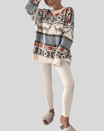 Kalina – Oversized ciepły świąteczny sweter damski z motywem renifera