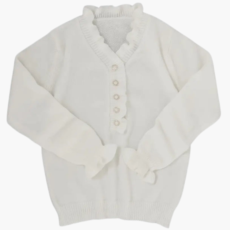 Evelina - Pull à manches longues pour femme avec col à volants et boutons nacrés