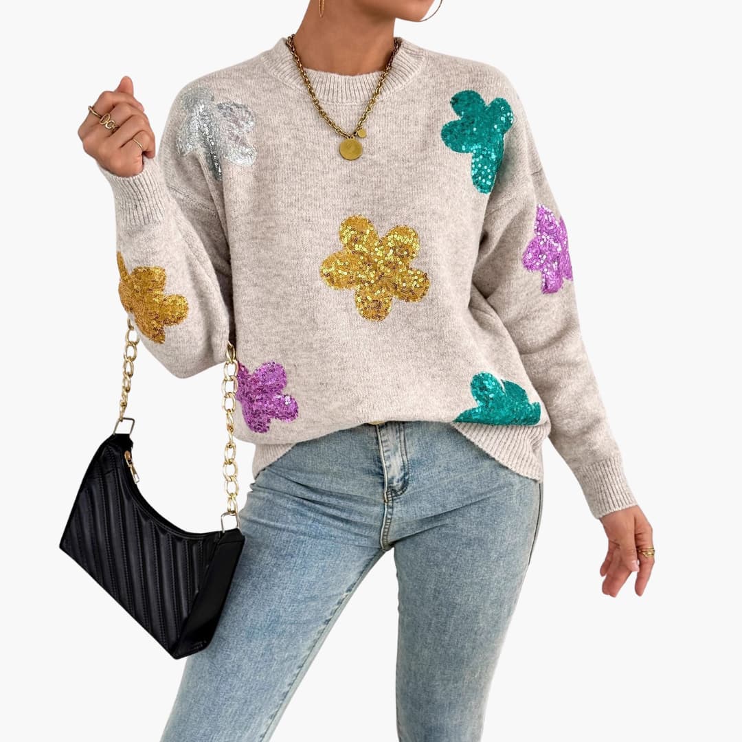 Florvella - Dzianinowy sweter damski z okrągłym dekoltem i kwiatowymi aplikacjami