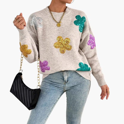 Florvella - Dzianinowy sweter damski z okrągłym dekoltem i kwiatowymi aplikacjami