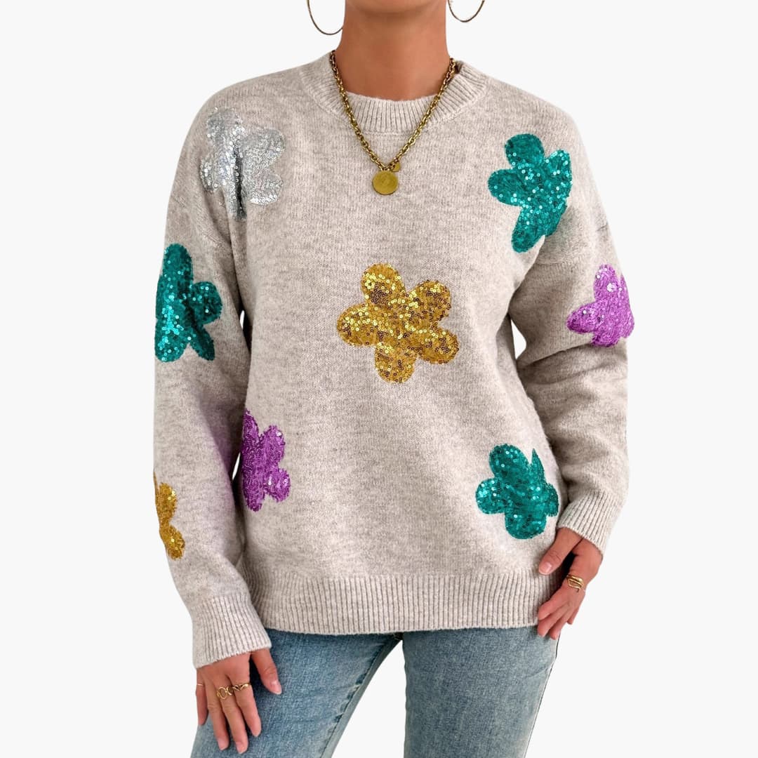 Florvella - Dzianinowy sweter damski z okrągłym dekoltem i kwiatowymi aplikacjami
