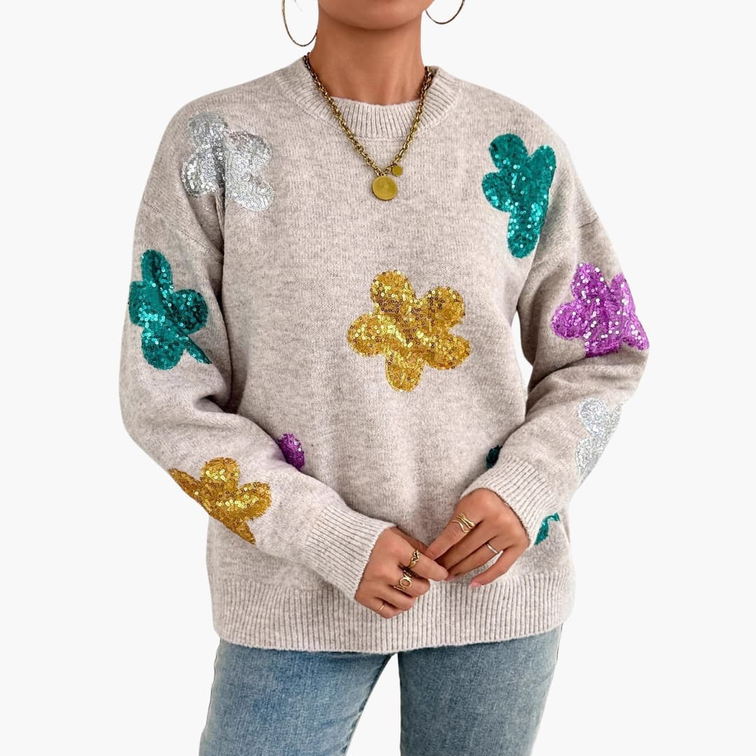 Florvella - Dzianinowy sweter damski z okrągłym dekoltem i kwiatowymi aplikacjami