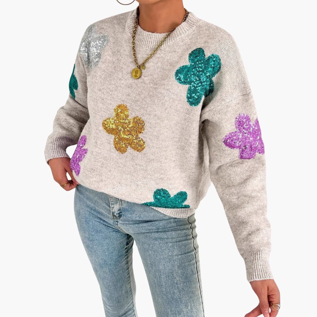 Florvella - Dzianinowy sweter damski z okrągłym dekoltem i kwiatowymi aplikacjami
