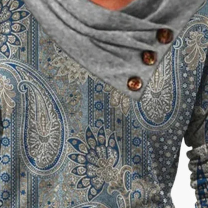 Maja - Sweter damski z drapowanym kołnierzem i ozdobnym wzorem