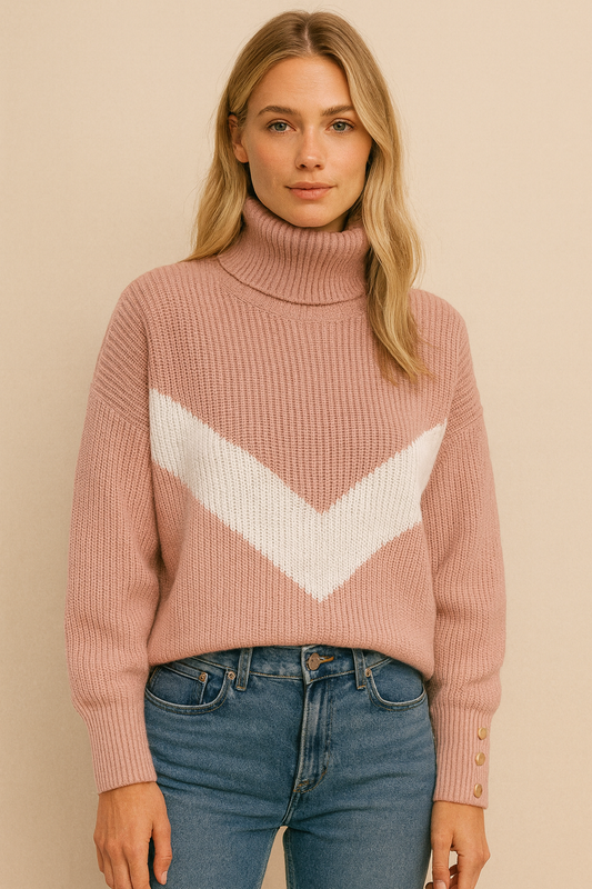 Althea – modny damski sweter z golfem, wzorem w literę V i kolorowymi wstawkami