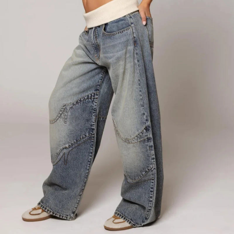 Mabel | Jeansy damskie baggy z szeroką nogawką w stylu Y2K, z prążkowanym pasem