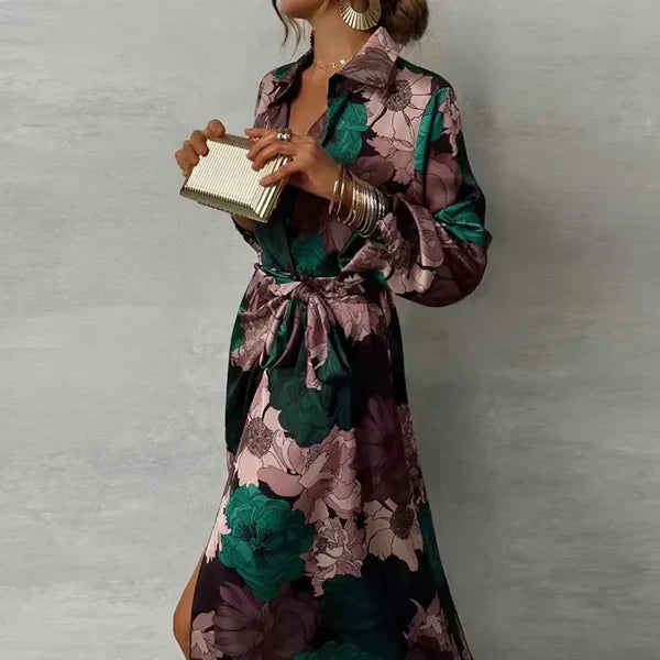 Leila | Sukienka maxi damska z rozcięciem i falbaną podkreślającą elegancki wygląd