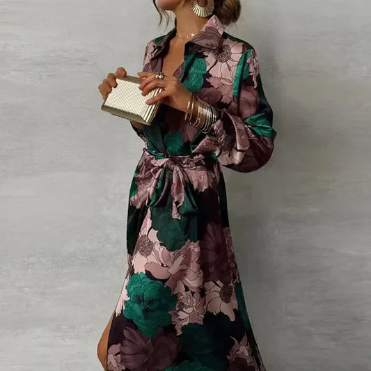 Leila | Sukienka maxi damska z rozcięciem i falbaną podkreślającą elegancki wygląd